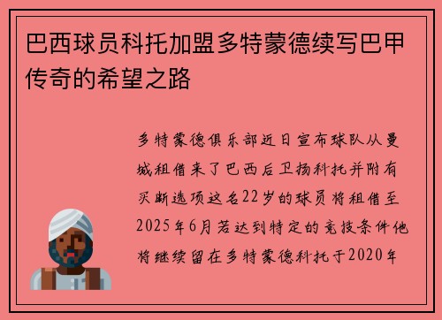 巴西球员科托加盟多特蒙德续写巴甲传奇的希望之路